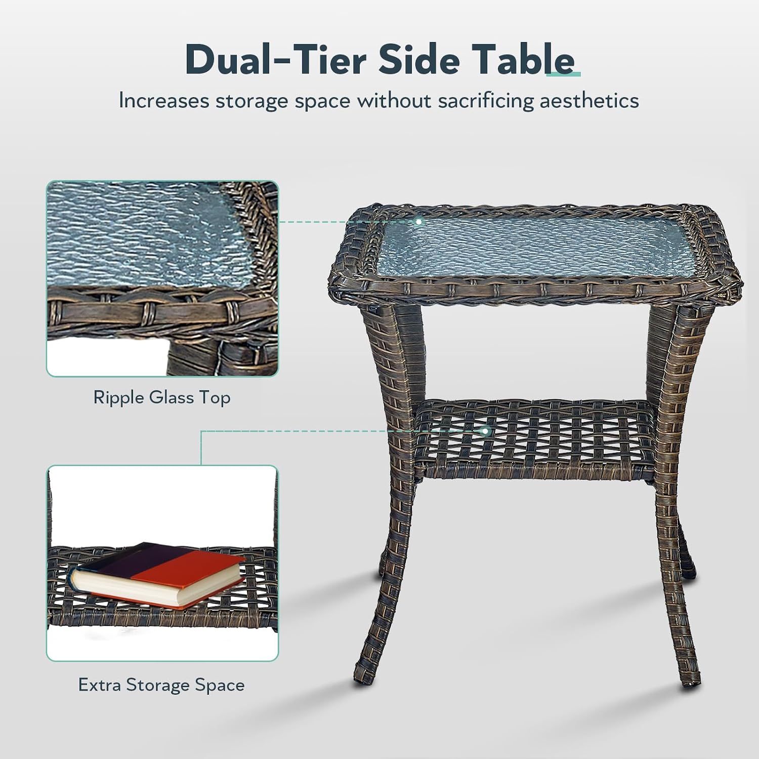 5 Piece Patio Furniture Set - Wicker Patio Conversation Set with Swivel Glider, Loveseat Bench, Tempered Glass Side Table and Coffee Table for Deck Backyard - Brown Wicker Beige Cushion