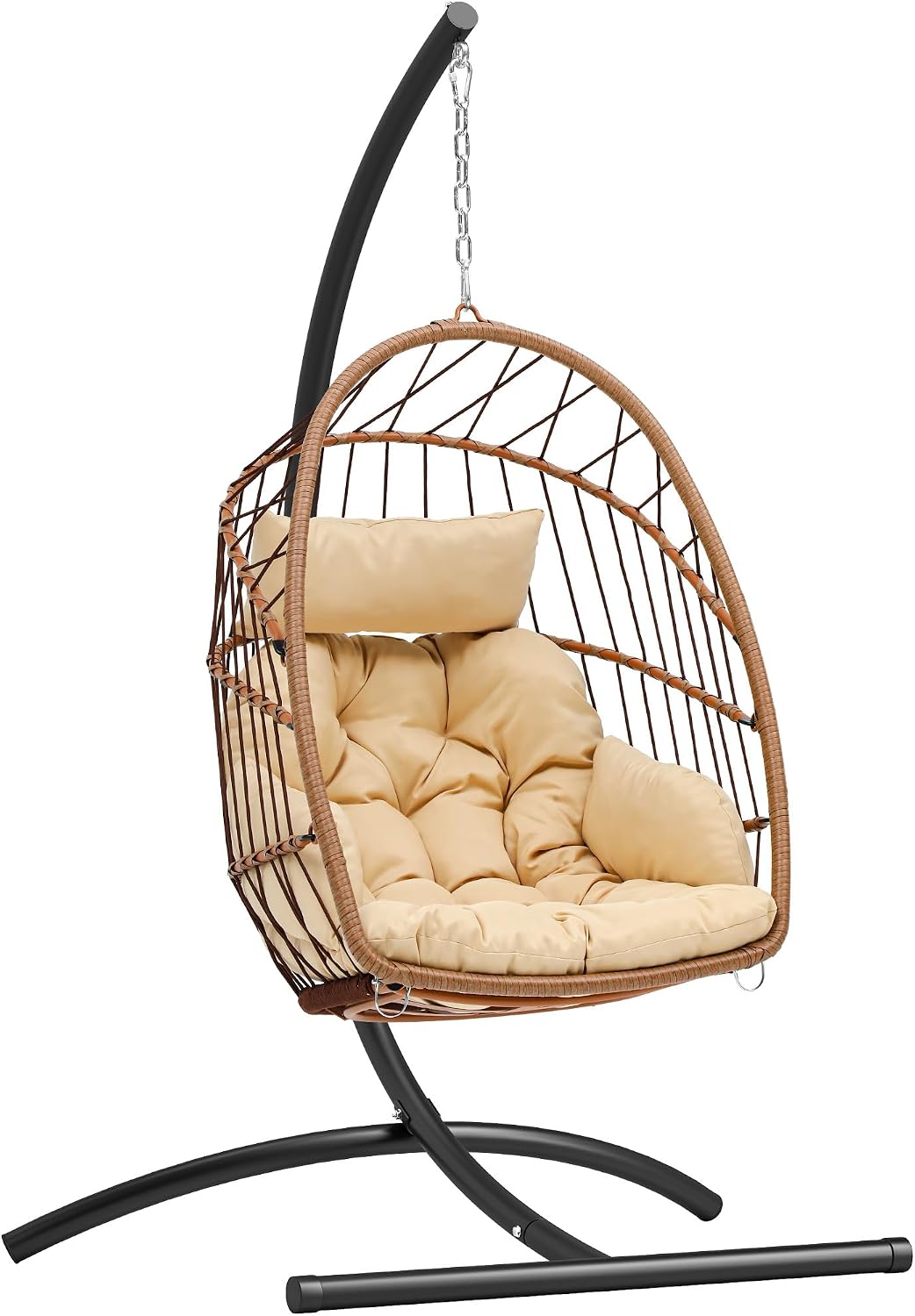 YITAHOME Hanging Egg Chair, Outdoor Patio Wicker Hammock Egg Chair Indoor with Cushion, Rattan Swing Chair 300lbs for Balcony, Garden Bedroom, Beige with Stand
