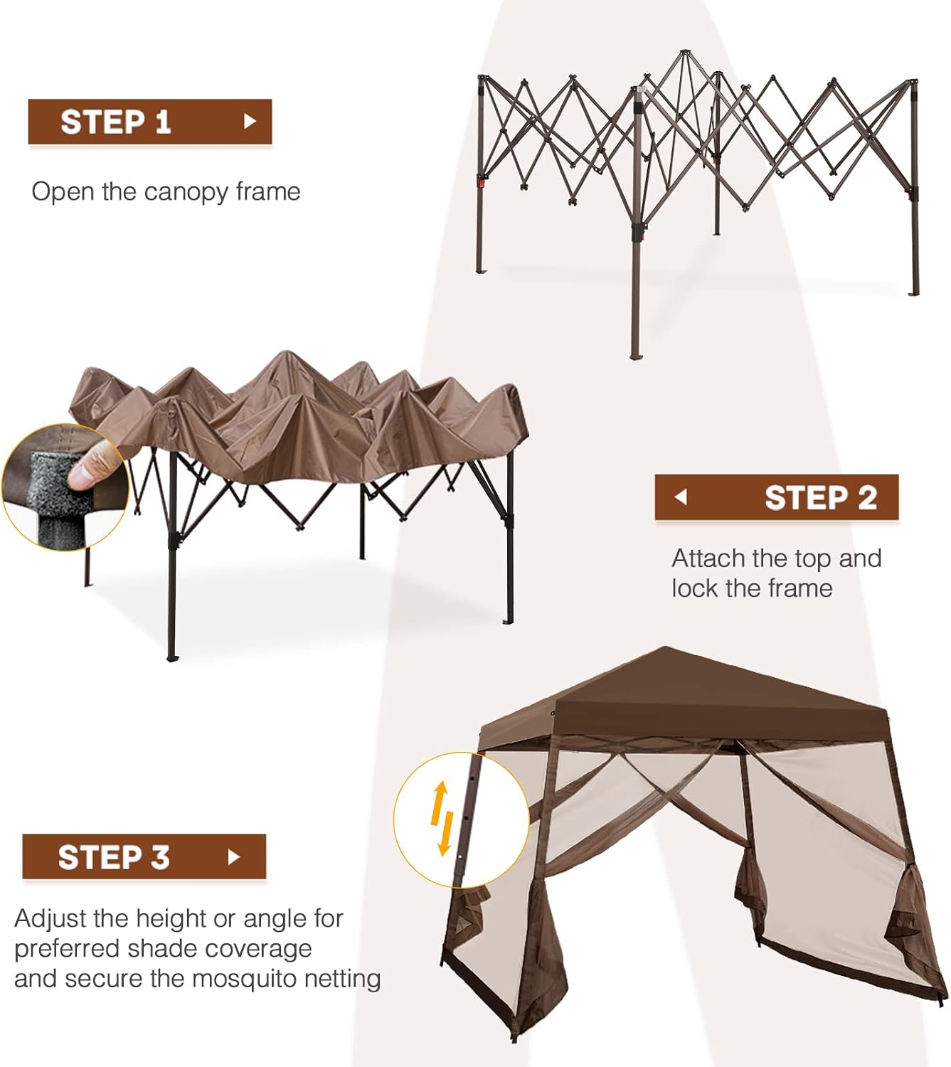 10x10 Pop Up Canopy Tent, Slant Leg Instant Screened Gazebo with Mesh Walls, UV Protection, Water Resistant, Brown