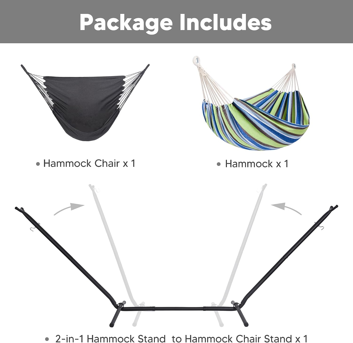 SUNCREAT 2-in-1 Convertible Backyard Fabric Hammock with Stand, Large Hammocks for Outside, Patented, Light Green Stripes