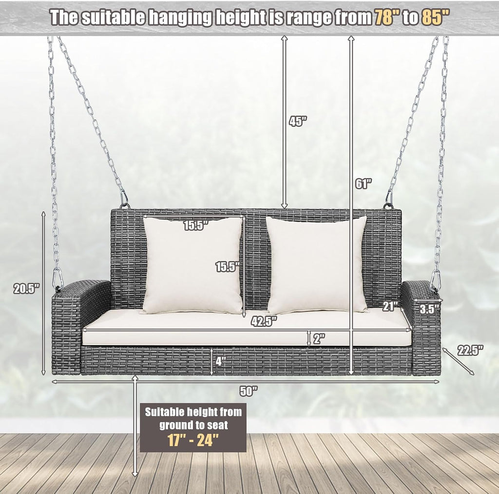 RELAX4LIFE 2-Person Porch Swing Bench - PE Rattan Outdoor Swing Chair with Comfortable Seat & Back Cushions, Rustproof Metal Chains, Patio Loveseat Swing for Balcony, Garden, Yard, 800 LBS (Off White)