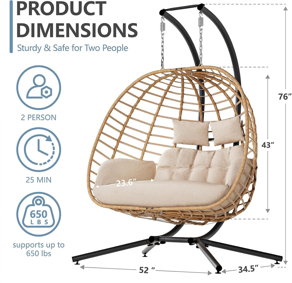 SWITTE Double Hanging Egg Chair with Stand, Outdoor Patio 2 Person Wicker Hammock Swing Chairs with Cushion Loveseat for Indoor Bedroom, Lawn, Garden-Beige