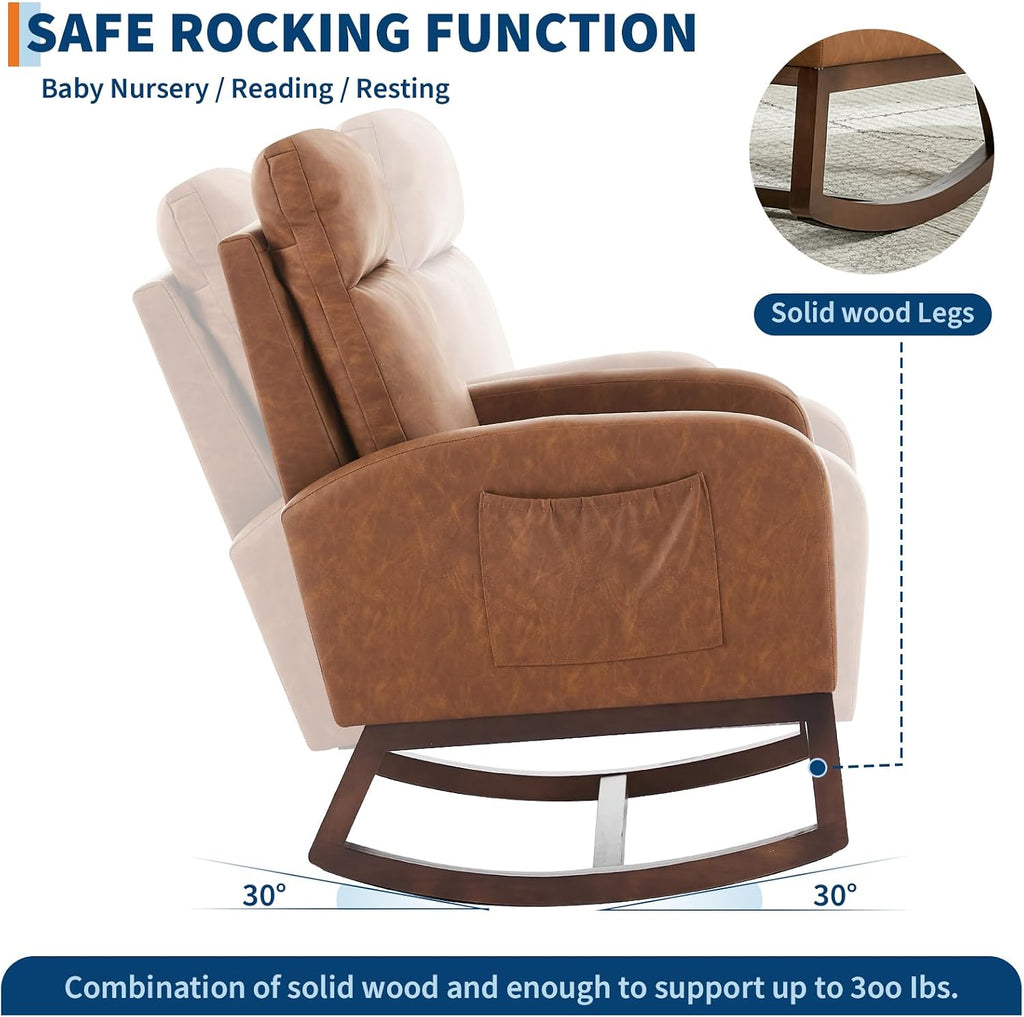 Leather Glider Chair, Modern Rocking Chair, Nursery Faux Leather Glider Chair with Rubber Wood Legs and Side Pocket, Rocking Accent Armchair for Living Room, Bedroom, Brown
