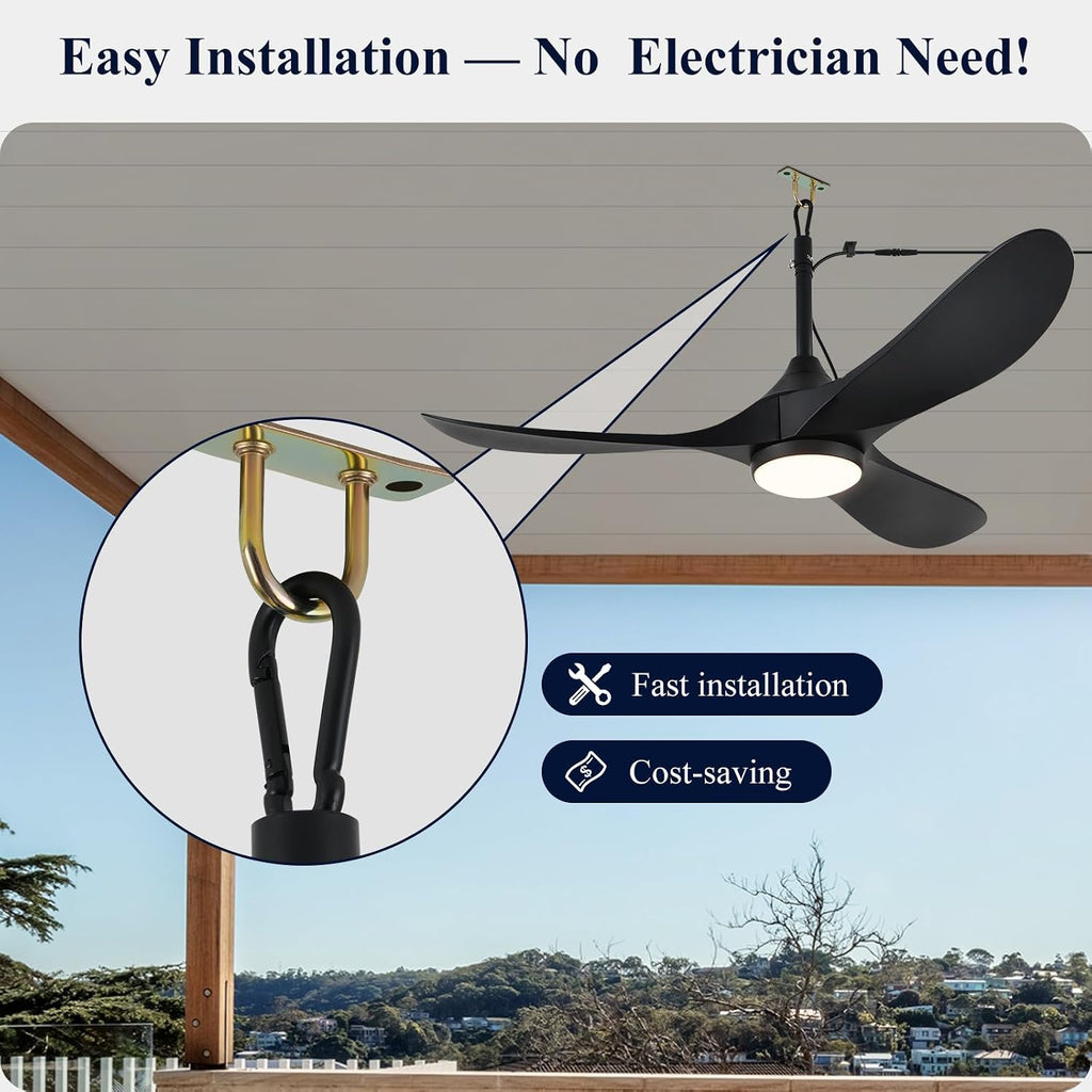 Outdoor Ceiling Fan with Light Waterproof - Plug in Hanging Hook for Patio, Porch, Gazebo - 42 inch Wet Rated Weatherproof Exterior Black 3 Blades Ceiling Fan with Remote