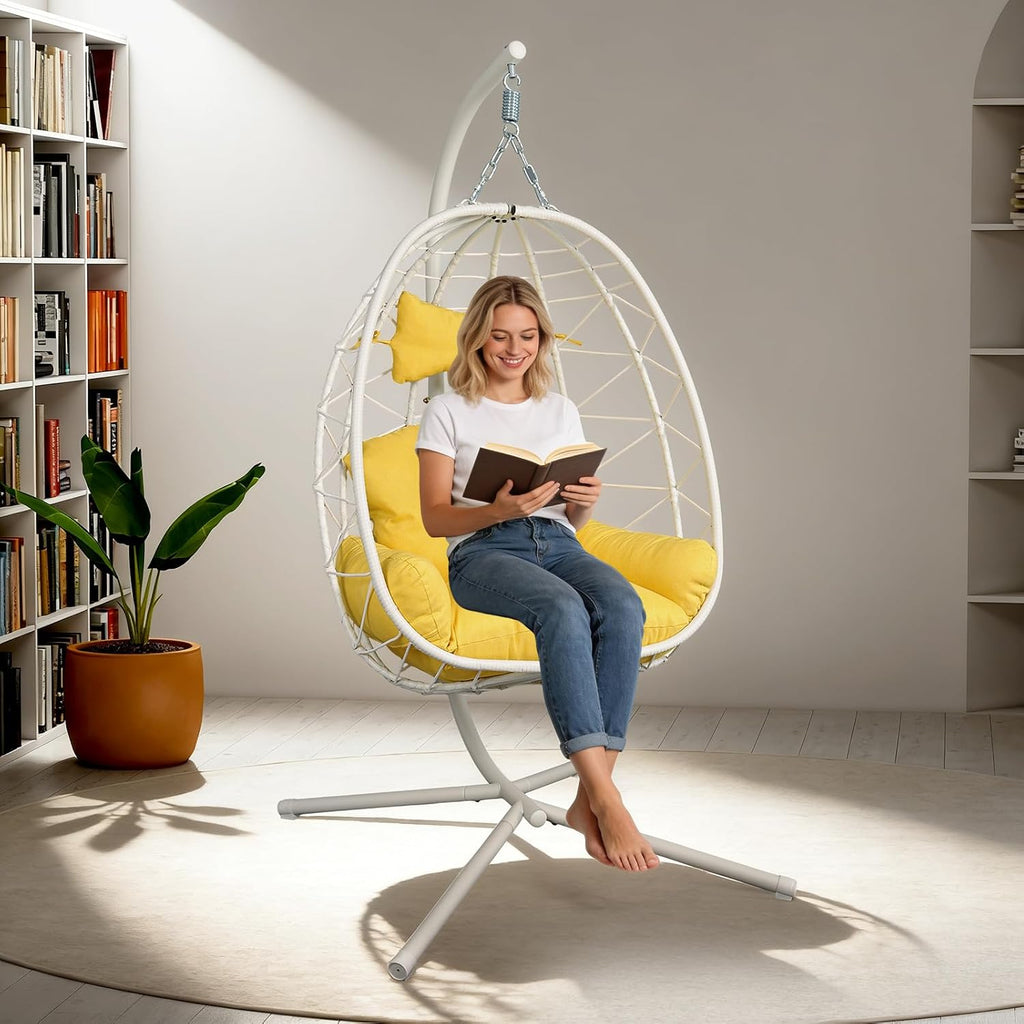 Egg Chair with Stand, Wicker Hanging Chair for Outdoor Patio, Cushioned Hammock Swing for Bedroom Garden Indoor/Outdoor, Double-Zipper Structure Hanging Egg Chair (White and Yellow)