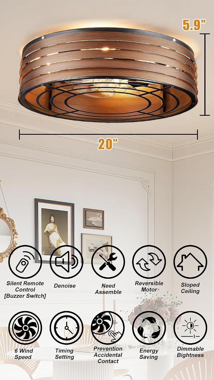 20'' Flush-Mount Ceiling Fan with Light and Remote, Reversible Motor, Perfect for Bedroom, Living Room, Kitchen, Outdoor Gazebo, Patio, Low-Profile Design Cage (Black Walnut)