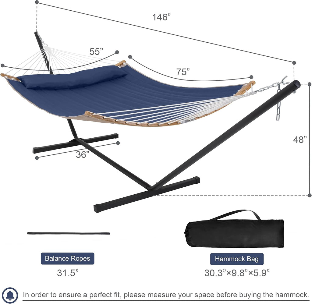 2 Person Hammock with Stand Included, Outdoor Hammock with Curved Spreader Bar, Pillow and Carrying Bag, 450 Lbs Capacity, Navy Blue