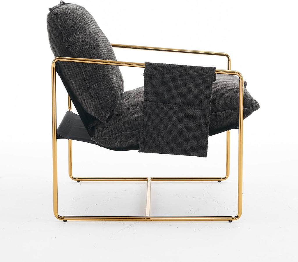 Comfy Sling Accent Chair Set of 2 Upholstered Hanging Armchairs with Pockets Metal Frame Skin-Friendly Fabric Reading Chair for Living Room Bedroom (Dark Grey Cushion & Gold Metal Frame)