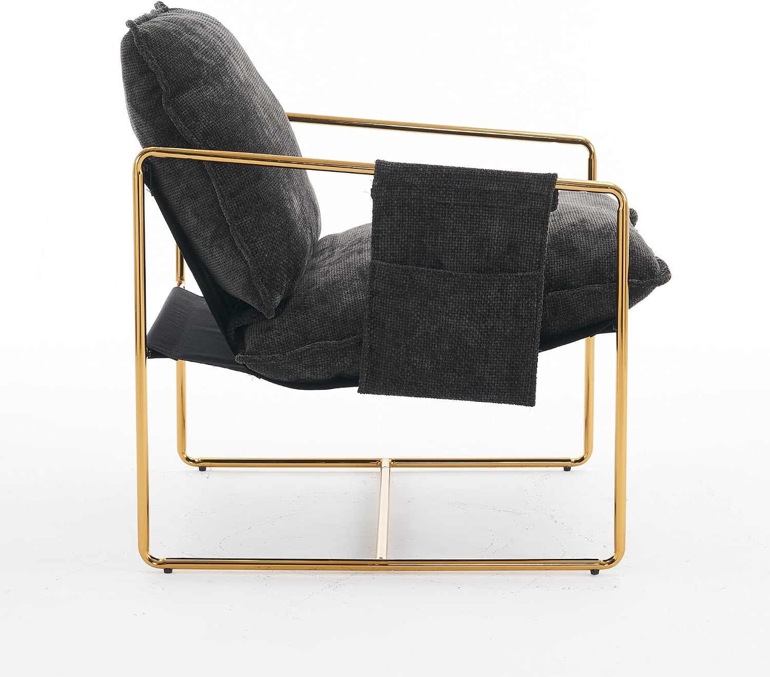 Comfy Sling Accent Chair Set of 2 Upholstered Hanging Armchairs with Pockets Metal Frame Skin-Friendly Fabric Reading Chair for Living Room Bedroom (Dark Grey Cushion & Gold Metal Frame)