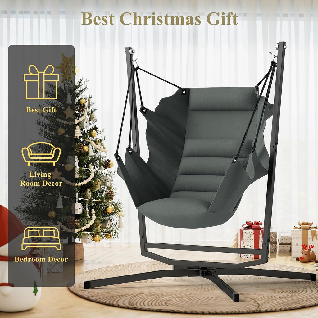 360° Swivel Hammock Swing Chair with Stand - Comfortable Hanging Chair with Cushions (400 lbs Capacity) for Indoor/Outdoor Use - Perfect for Bedroom, Patio, Porch, Deck, Garden, Balcony