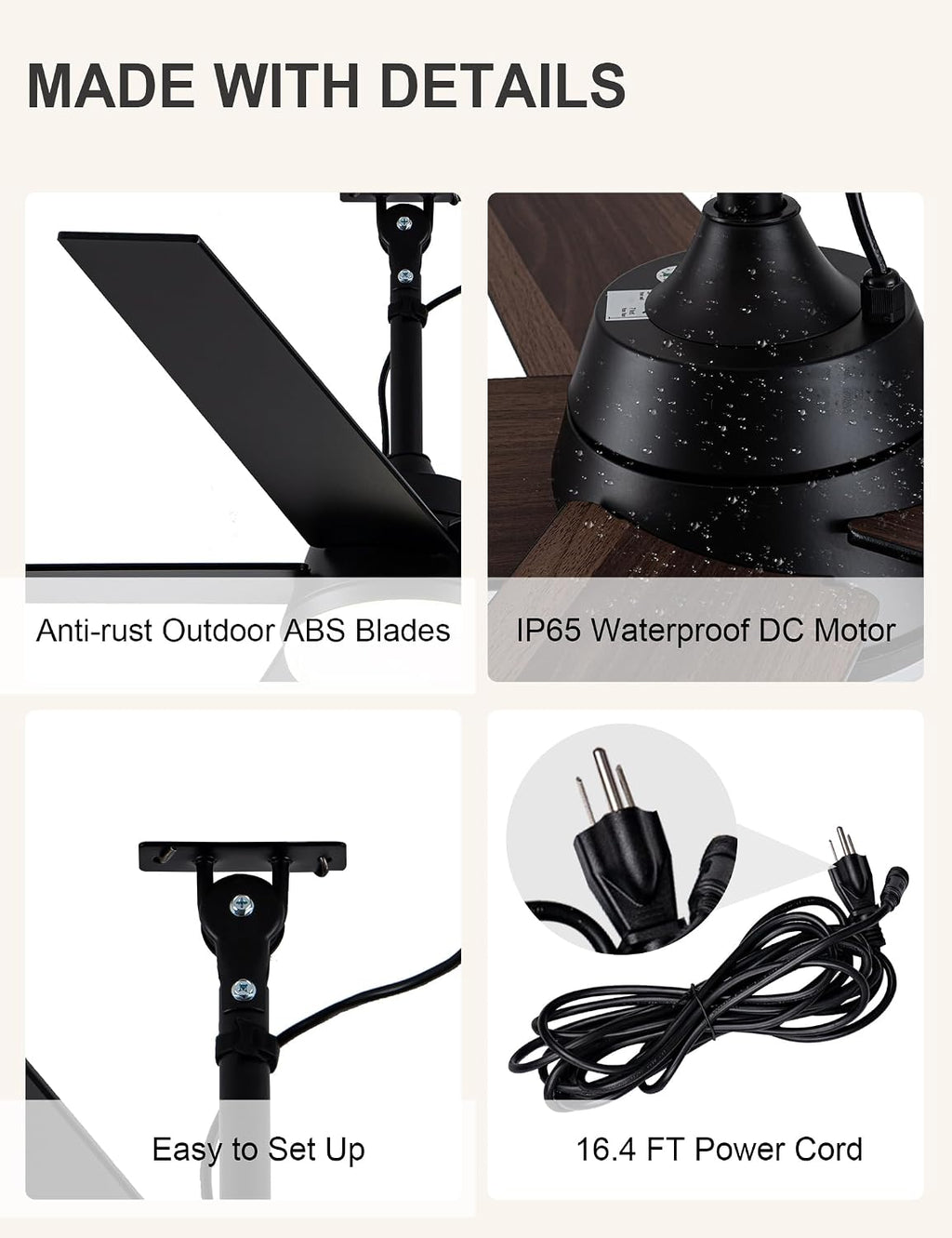 48 Inch Waterproof Outdoor Ceiling Fans with Lights Gazebo Fan for Outside DC Motor 6-Speed Reversible Timer 3 Color Dimmable LED Light Plug-in Ceiling Fan Outdoor Hanging for Patios Porch (32-Black)