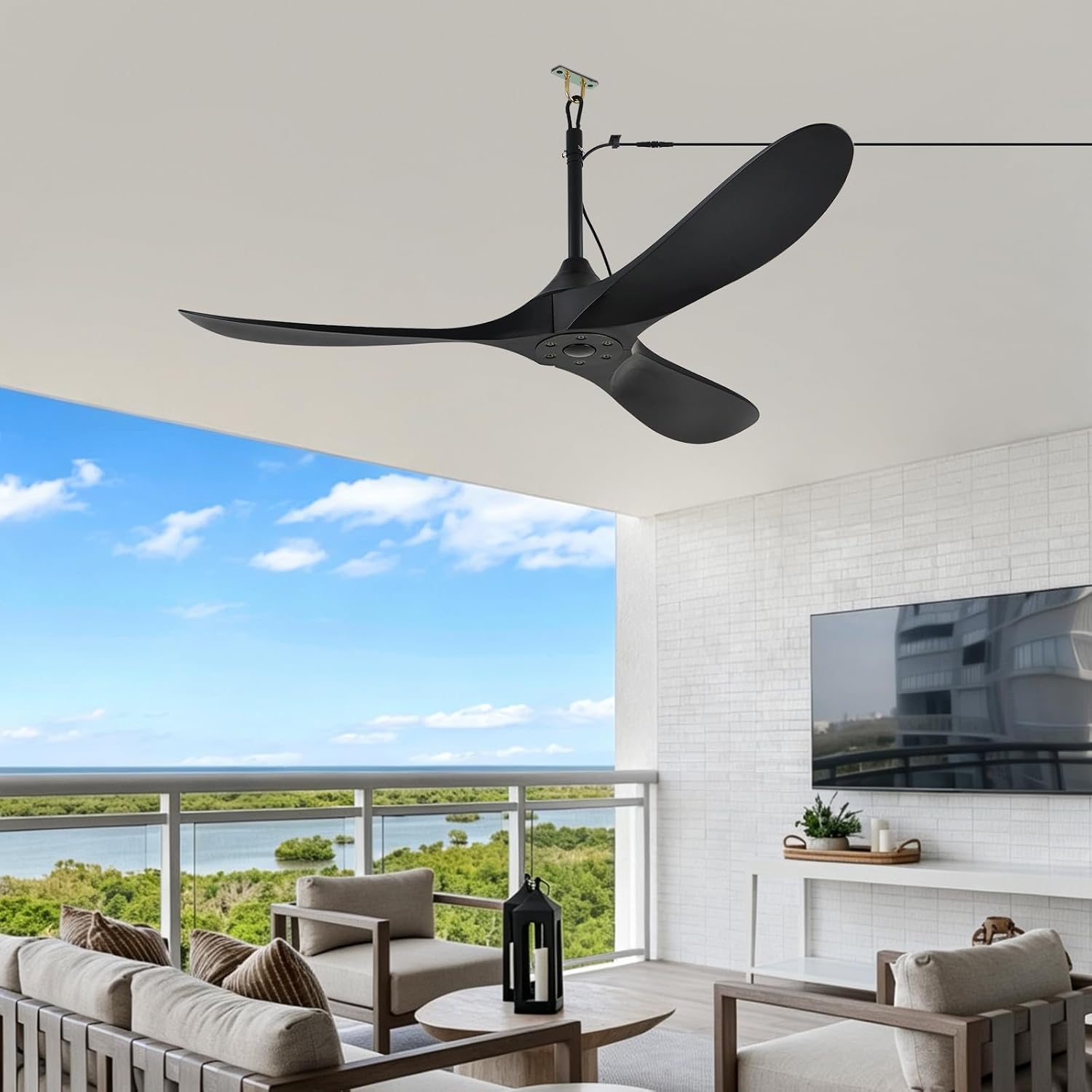 52 inch Outdoor Ceiling Fan no Light Waterproof - Plug in Hanging Hook for Patio, Porch, Gazebo - Wet Rated Weatherproof Exterior Black 3 Blades Ceiling Fan with Remote