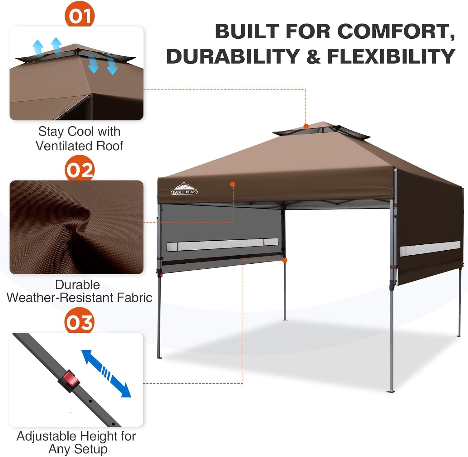 EAGLE PEAK 17x10 Pop up Gazebo Canopy Tent Outdoor Instant Canopy Shelter with Adjustable Dual Half Awnings (Brown)