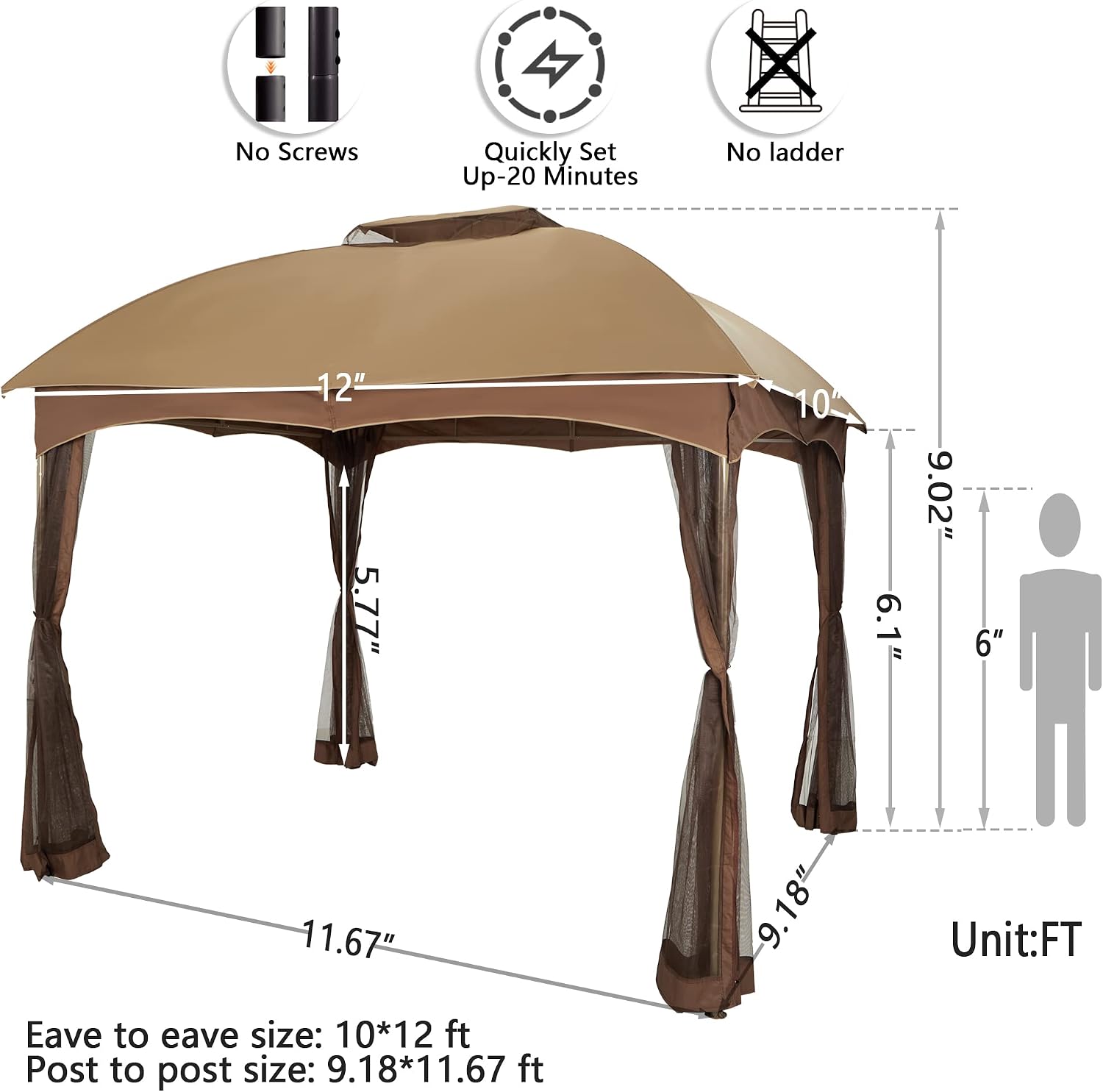 PHI VILLA 10x12 Gazebo Canopy for Patio, Double Vent Outdoor Canopy Gazebo with Netting, Screen Patio Gazebo Heavy Duty for Garden Deck Khaki