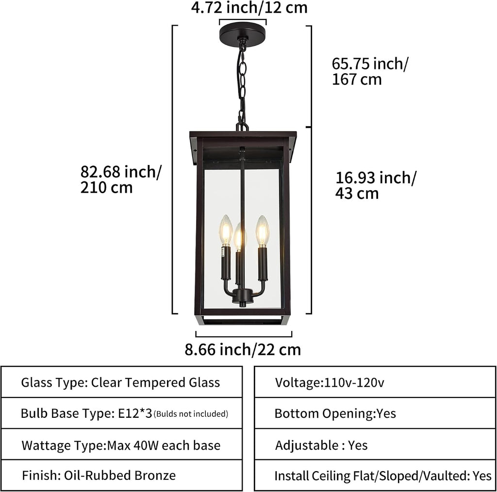 Large Outdoor Pendant Light Fixtures, Oil Rubbed Bronze 3-Lights Outdoor Ceiling Hanging Lanterns with Clear Glass, Exterior Gazebo Light for Patio, Porch, Yard, Gara