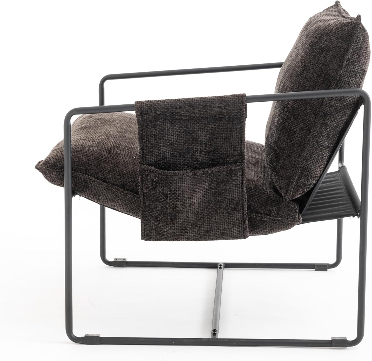 Comfy Sling Accent Chair Set of 2 Upholstered Hanging Armchairs with Pockets Metal Frame Skin-Friendly Fabric Reading Chair for Living Room Bedroom (Dark Grey Cushion & Black Metal Frame)