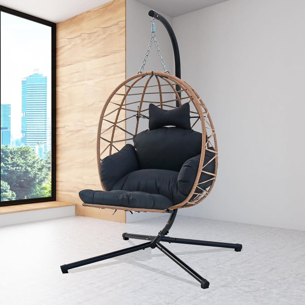 Hanging Egg Chair with Stand & Leg Rest,Rattan Wicker Swing Chair with Cushion,Patio Basket Hanging Chair Wicker Hammock Chair for Indoor Outdoor Bedroom Garden,300LBS (Yellow Rattan&Black Cushion)
