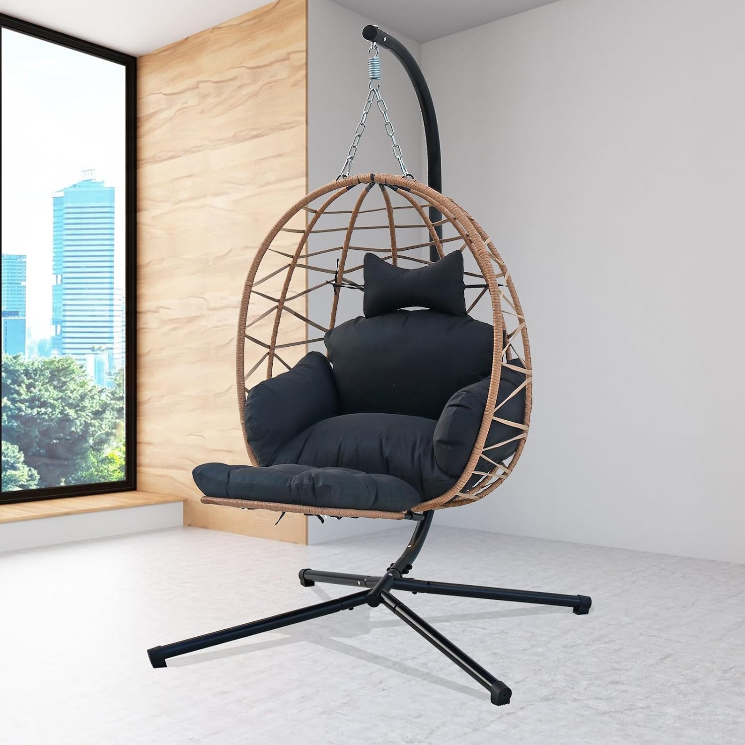 Hanging Egg Chair with Stand & Leg Rest,Rattan Wicker Swing Chair with Cushion,Patio Basket Hanging Chair Wicker Hammock Chair for Indoor Outdoor Bedroom Garden,300LBS (Yellow Rattan&Black Cushion)