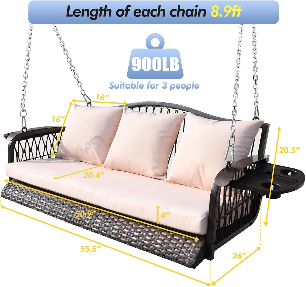 ZZW Wicker Porch Swing Heavy Duty 900 LBS 3-Seat Outdoor Patio Swing Chair with Cushions & 8.9ft Chains Outdoor Hanging Bench with Upgraded Cup Holders for Garden Deck Backyard