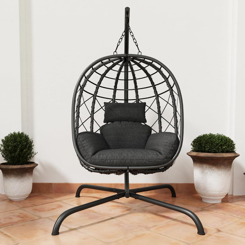 Hanging Egg Chair with Stand Patio Wicker Rattan Swing Chair Hammock Egg Chair for Indoor & Outdoor 400lbs Capacity with Thickened Cushion for Bedroom Balcony Garden