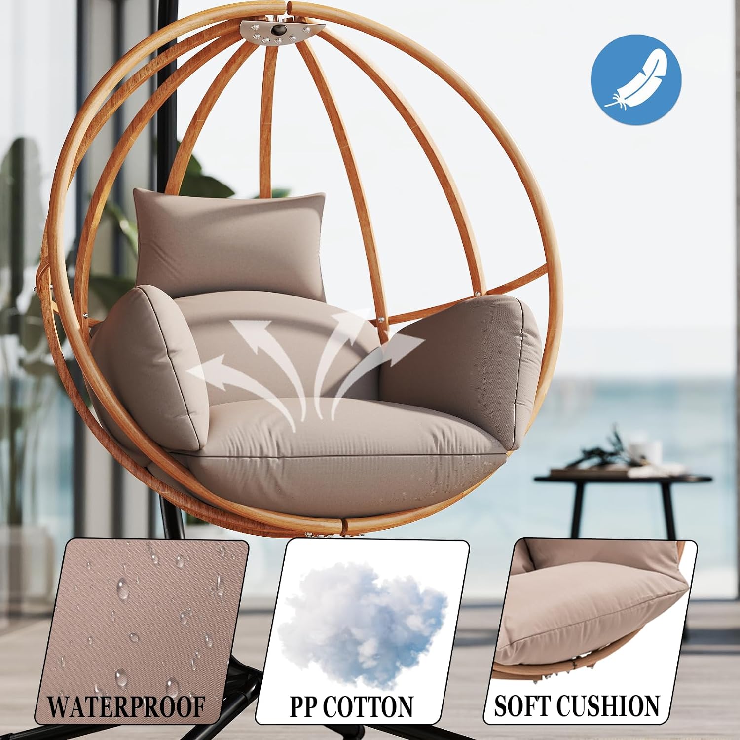 Egg Chairs with Stand, Egg Swing Chair Outdoor, Hanging Swinging Chairs with Stand for Balcony, Swing Egg Chair with Cushion 400LBS Capacity, Brown