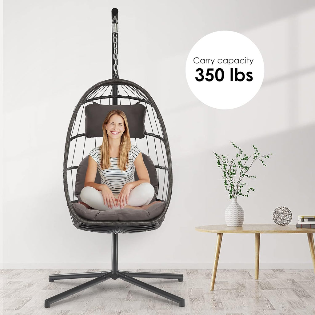 XIAO WEI Egg Chair with Stand - Patio Rattan Wicker Hanging Swing Egg Chair Hammock Chair for Indoor Outdoor Bedroom Garden - Aluminum Steel Frame and UV Resistant Cushion 350LBS Capacity (Dark Grey)