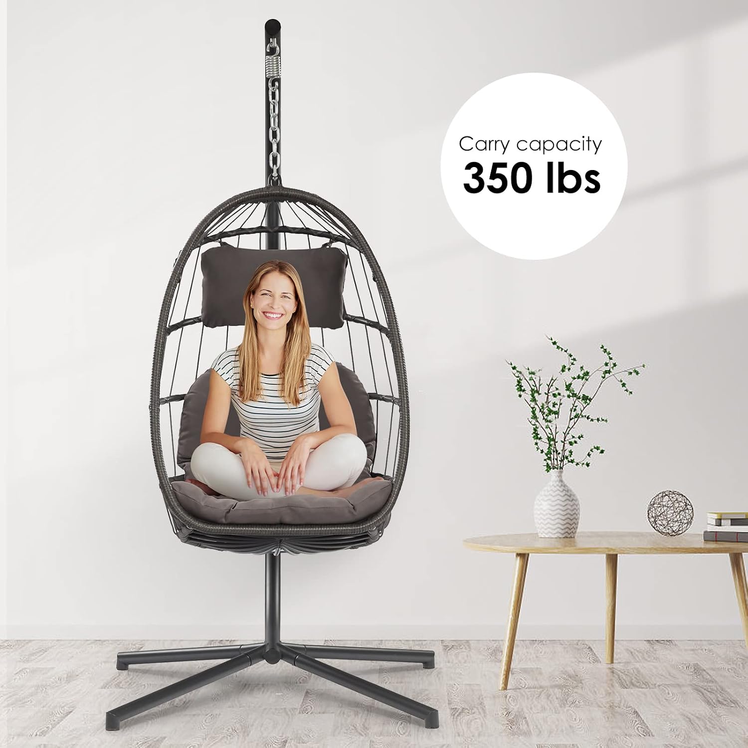 XIAO WEI Egg Chair with Stand - Patio Rattan Wicker Hanging Swing Egg Chair Hammock Chair for Indoor Outdoor Bedroom Garden - Aluminum Steel Frame and UV Resistant Cushion 350LBS Capacity (Dark Grey)