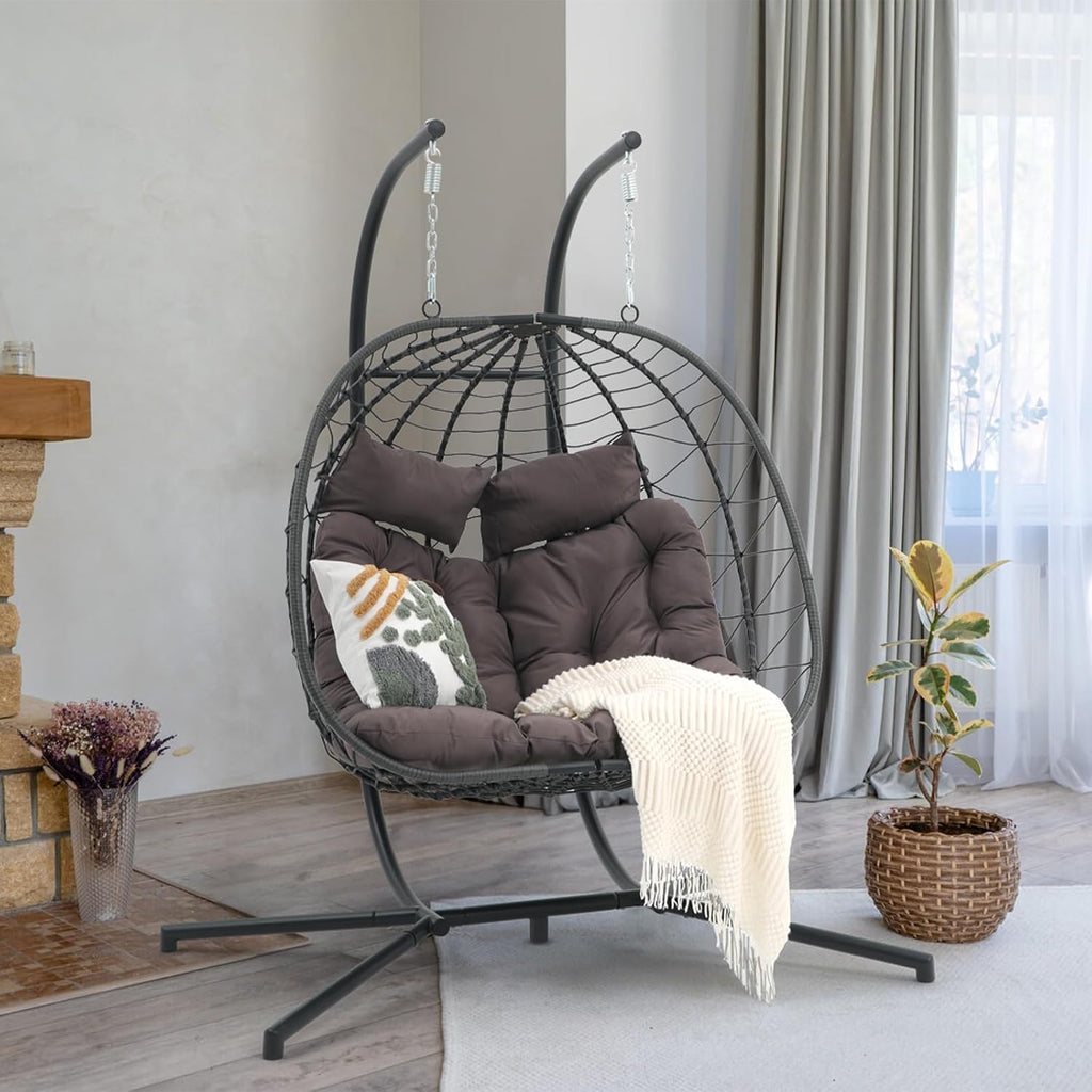 Patiorama 2 Person Double Egg Swing Chair with Stand Indoor Outdoor, Patio Wicker Rattan Hanging Egg Chair w/Cushion, Pillow, Foldable Hammock Chair 550lbs for Bedroom, Balcony, Garden (Dark Grey)