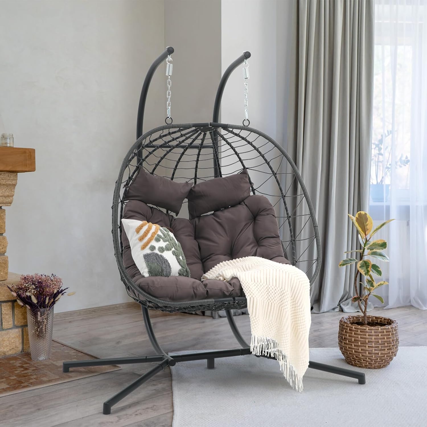 Patiorama 2 Person Double Egg Swing Chair with Stand Indoor Outdoor, Patio Wicker Rattan Hanging Egg Chair w/Cushion, Pillow, Foldable Hammock Chair 550lbs for Bedroom, Balcony, Garden (Dark Grey)
