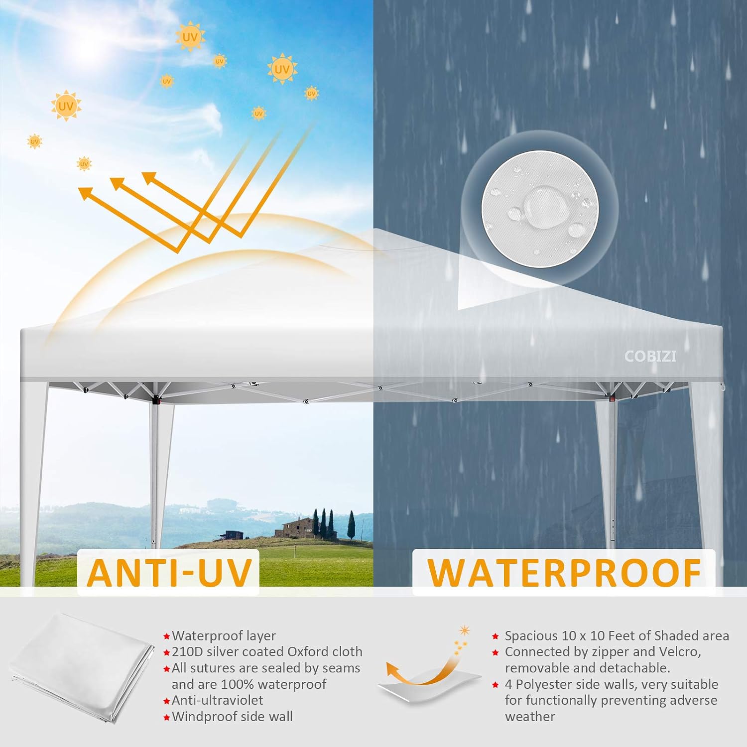 COBIZI 10'x10' Pop Up Canopy Tent Straight Leg Commercial Instant Canopy Pop Up Canopy with Sidewalls Outdoor Sun Shade Event Tent for Camping Garden Party Beach, Canopy Bags x1, (Off White)