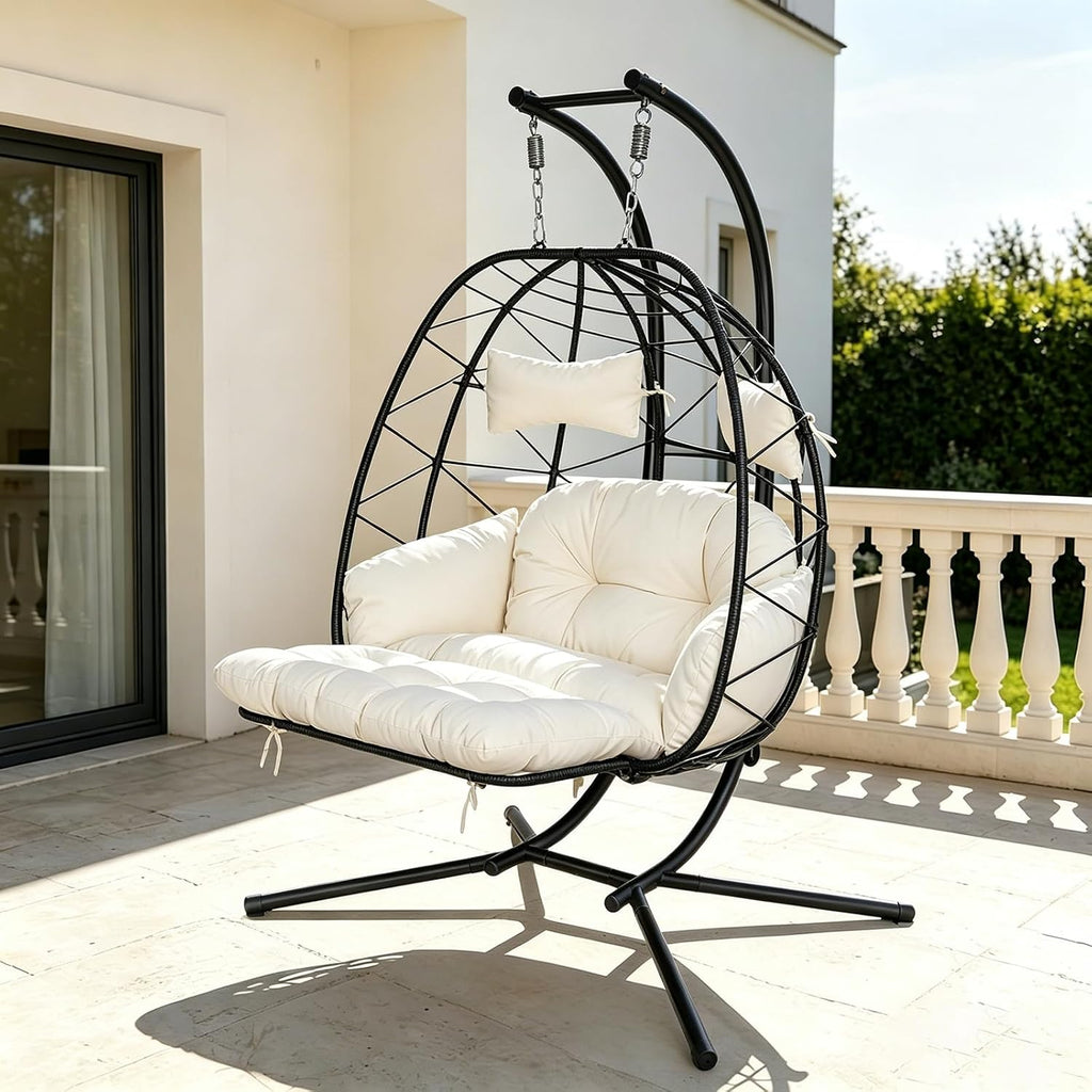 Double Outdoor Egg Chair with Stand, 2 Person Hanging Egg Chair with Adjustable Footrest Outdoor Indoor, Oversized Wicker Egg Swing Chair with Thickened Cushions, 660Lbs (Black-White)