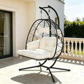 Double Outdoor Egg Chair with Stand, 2 Person Hanging Egg Chair with Adjustable Footrest Outdoor Indoor, Oversized Wicker Egg Swing Chair with Thickened Cushions, 660Lbs (Black-White)