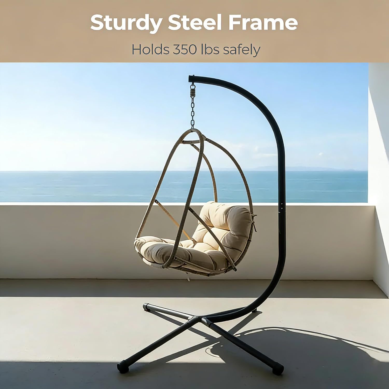 JESE Swing Egg Chair with Stand – UV Resistant Waterproof Cushion & Cup Holder Included, Indoor/Outdoor Hanging Hammock Chair for Patio, Bedroom, Balcony, Garden (Khaki)