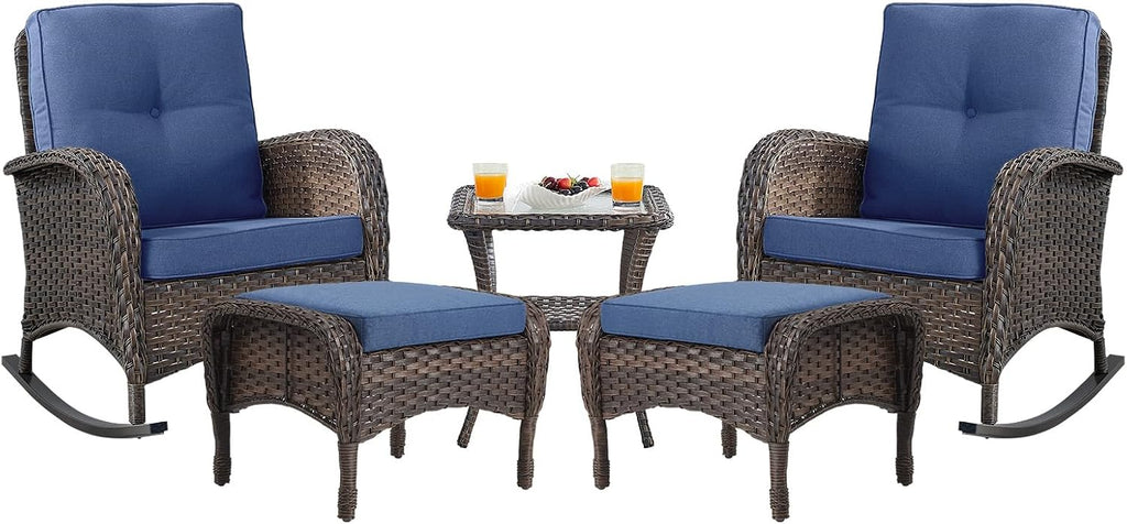 Belord Patio Rocking Chairs Furniture Set - 5 Piece Outdoor Wicker Furniture Sets with Ottomans, Small Patio Conversation Sets with Wicker Rocking Chairs Brown/Blue