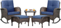 Belord Patio Rocking Chairs Furniture Set - 5 Piece Outdoor Wicker Furniture Sets with Ottomans, Small Patio Conversation Sets with Wicker Rocking Chairs Brown/Blue