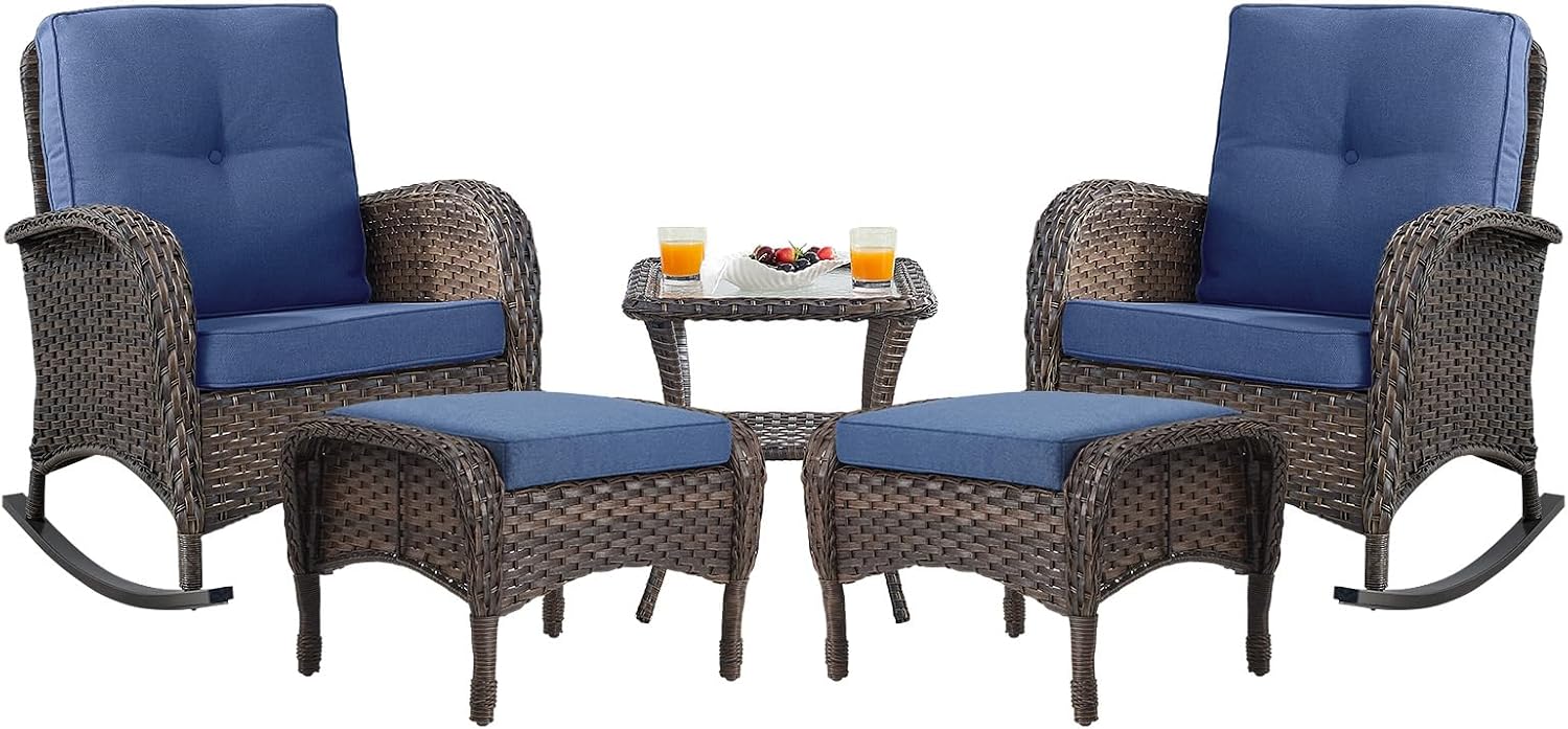 Belord Patio Rocking Chairs Furniture Set - 5 Piece Outdoor Wicker Furniture Sets with Ottomans, Small Patio Conversation Sets with Wicker Rocking Chairs Brown/Blue
