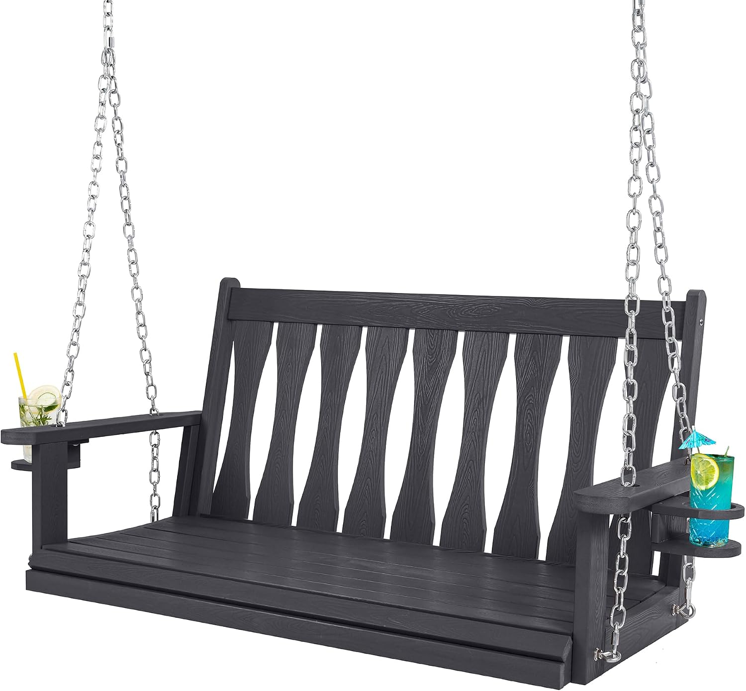 HIPS All-Weather Outdoor Hanging Porch Swing,2 Seat Hanging Swing Bench with Cup Holders,Patio Swing Chair with Hanging Chains for Courtyard & Garden