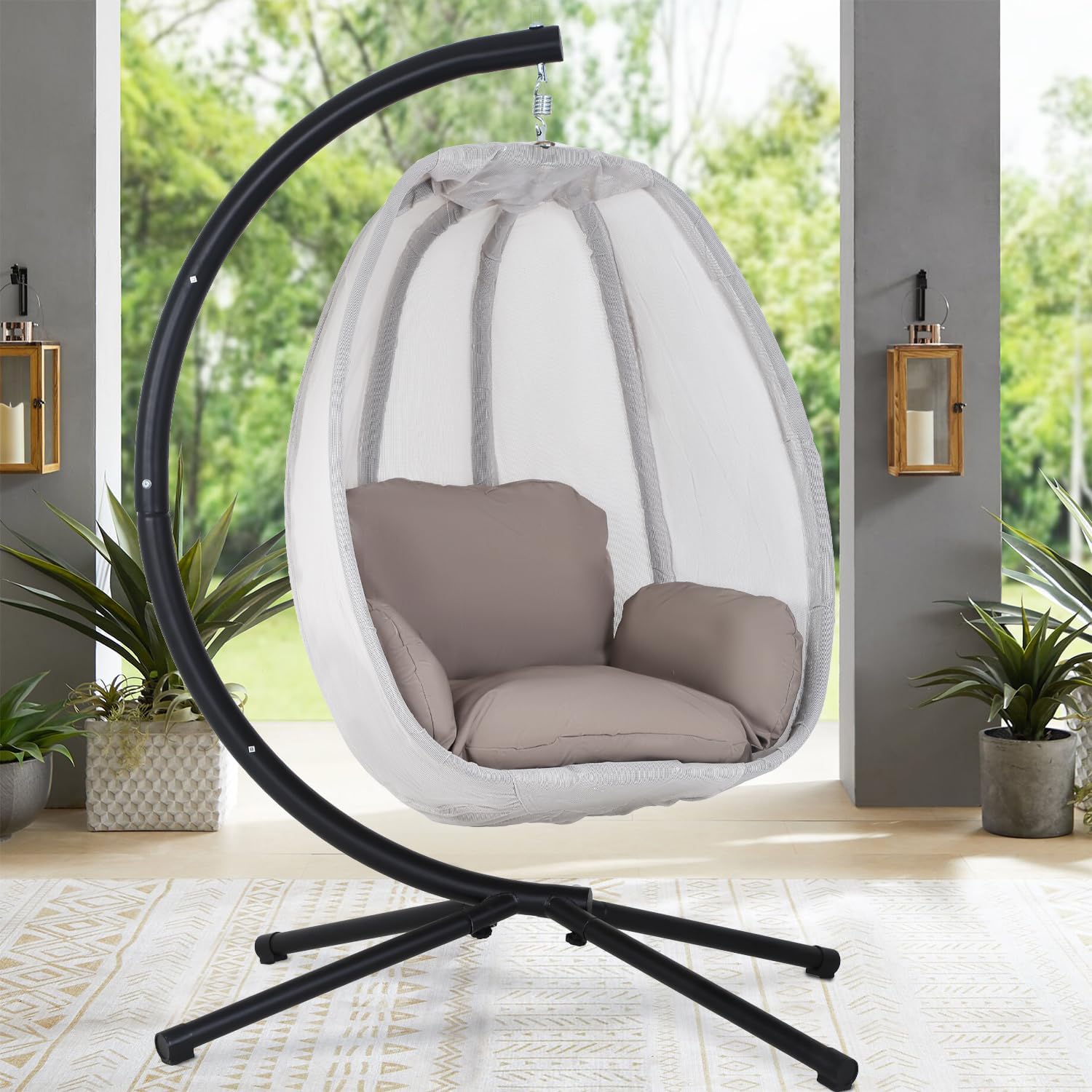 Egg Chair with Comfy Cushions Indoor Outdoor Hanging Chair Sturdy Heavy Duty Hammock Chair with Stand Cushions Breathable Fabric Cover for Patio Bedroom Garden Poolside, Grey
