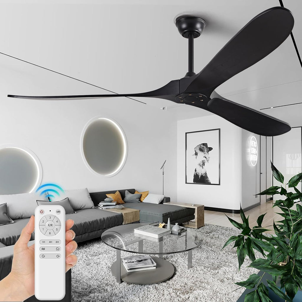 72' Ceiling Fans without Lights, Solid Wood Ceiling Fan No Light with Remote Control Smart and Unique Modern Fan with 3 Blades, DC Motor Indoor Outdoor for Farmhouse and Gazebo, Matte Black