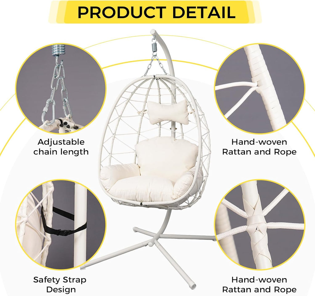 Egg Chair with Stand, Wicker Hanging Chair for Outdoor Patio, Cushioned Hammock Swing for Bedroom Garden Indoor/Outdoor, Double-Zipper Structure Hanging Egg Chair (White and White)