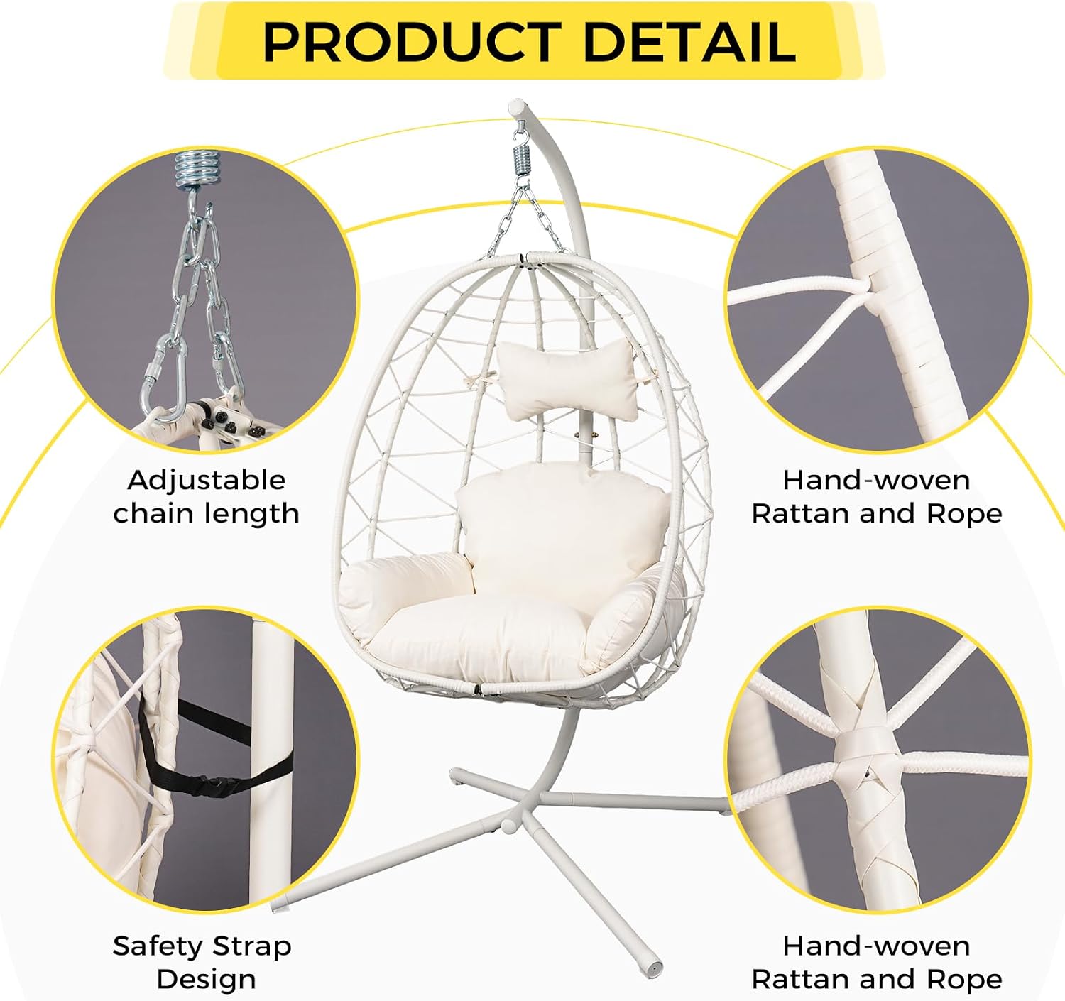 Egg Chair with Stand, Wicker Hanging Chair for Outdoor Patio, Cushioned Hammock Swing for Bedroom Garden Indoor/Outdoor, Double-Zipper Structure Hanging Egg Chair (White and White)