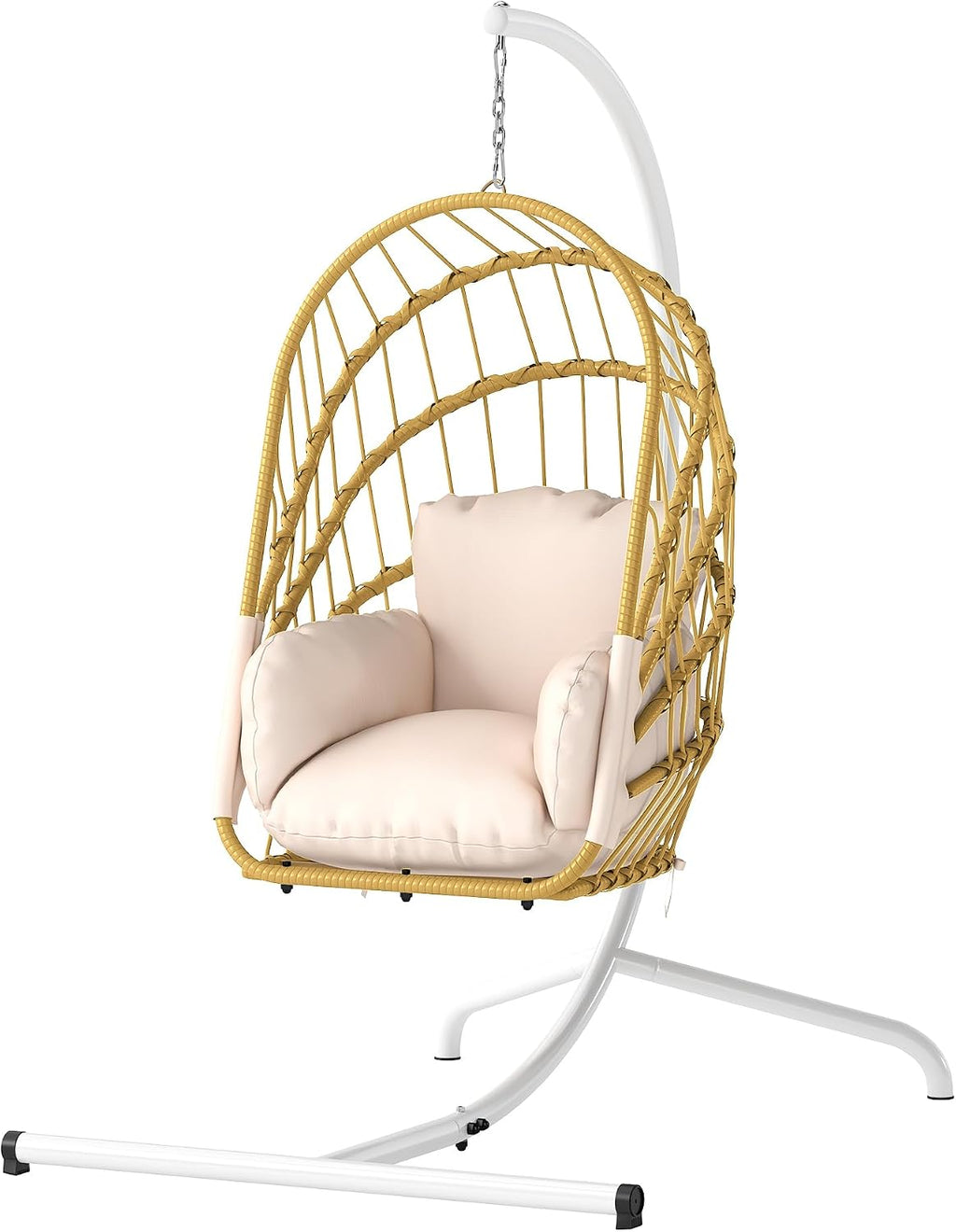 DWVO Wicker Swing Egg Chair 300lbs Capacity - Foldable Hanging Hammock with Cushions & Stand, Indoor/Outdoor Patio Swing Chair for Bedroom, Garden, Balcony (Beige)