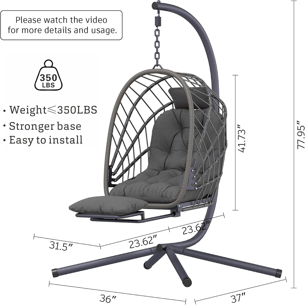 Outdoor Egg Swing Chair with Stand and Footrest, Comfy Patio Hammock Hanging Rocking Egg Chair with Cushion for Bedroom Indoor, Dark Gray (Dark Grey)