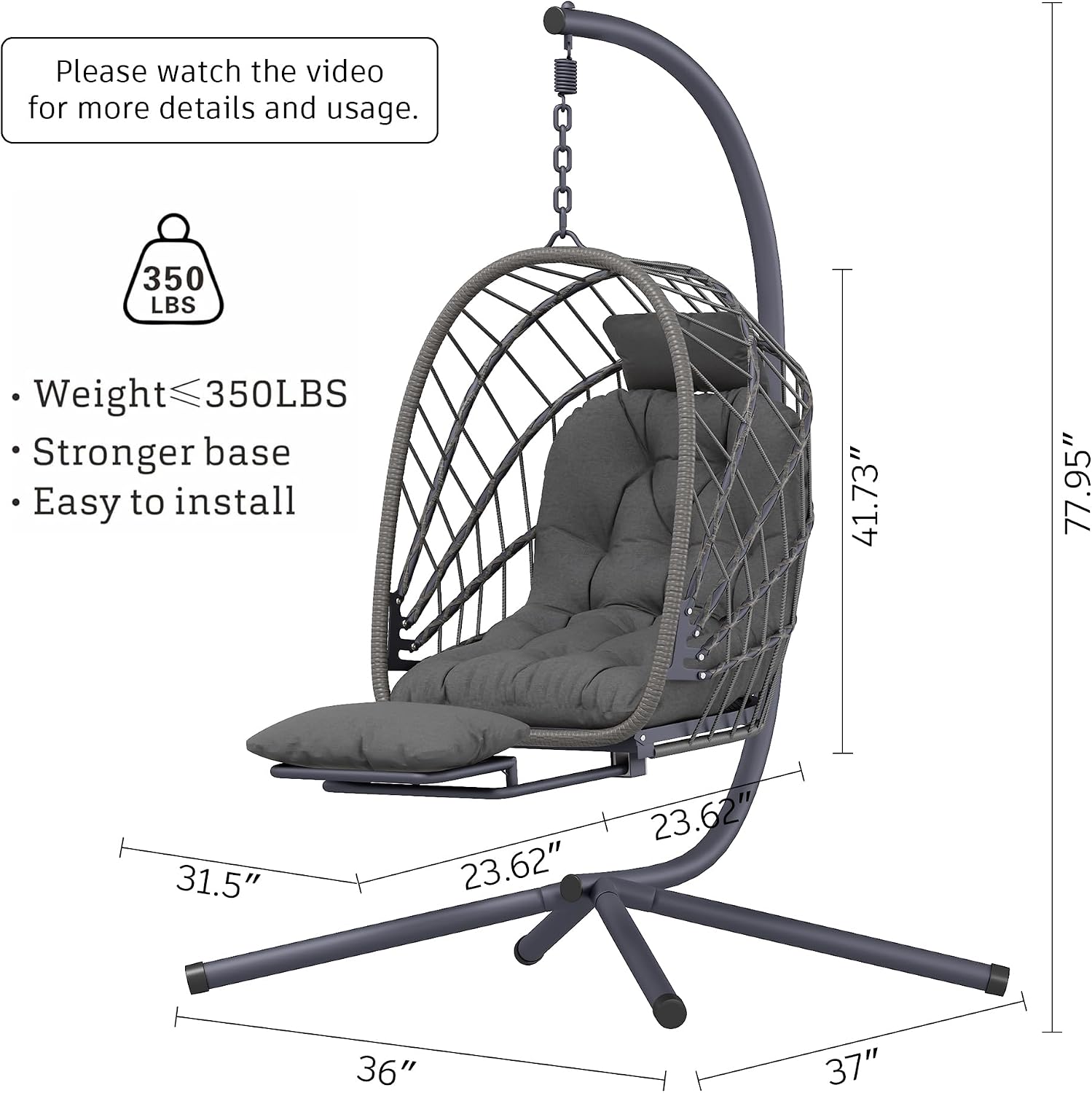 Outdoor Swing Egg Chair with Stand and Footrest, Comfy Patio Hammock Hanging Rocking Egg Chair with Cushion for Bedroom Indoor, Dark Gray