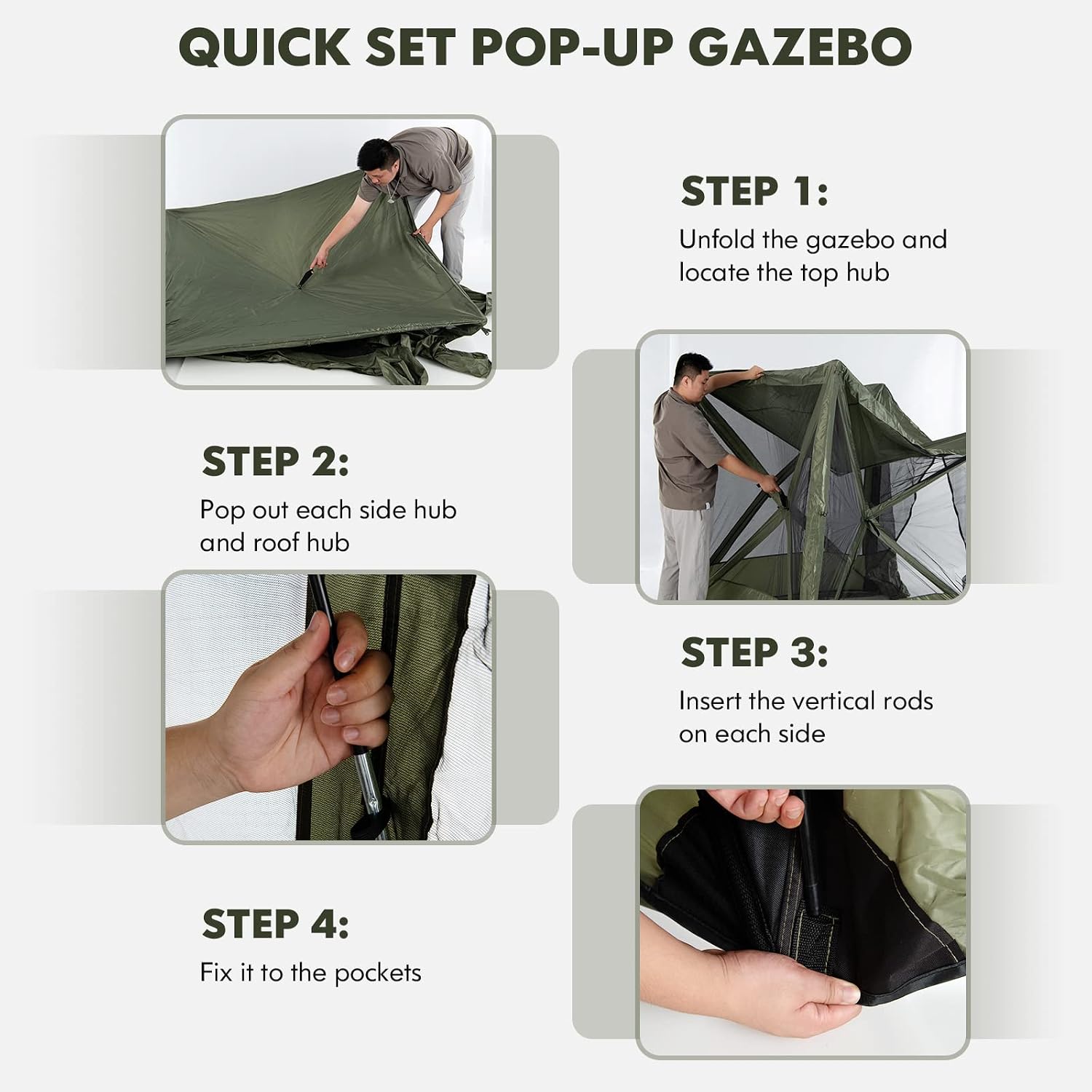 KOTEK 4 Sided Pop Up Gazebo, Outdoor Canopy Shelter with Mesh Walls, Portable Carry Bag, 2 Wind Cloth, 4 Person Screen Tent for Camping Traveling Hiking Patios Lawn Backyard, 6.7x6.7 ft (Green)
