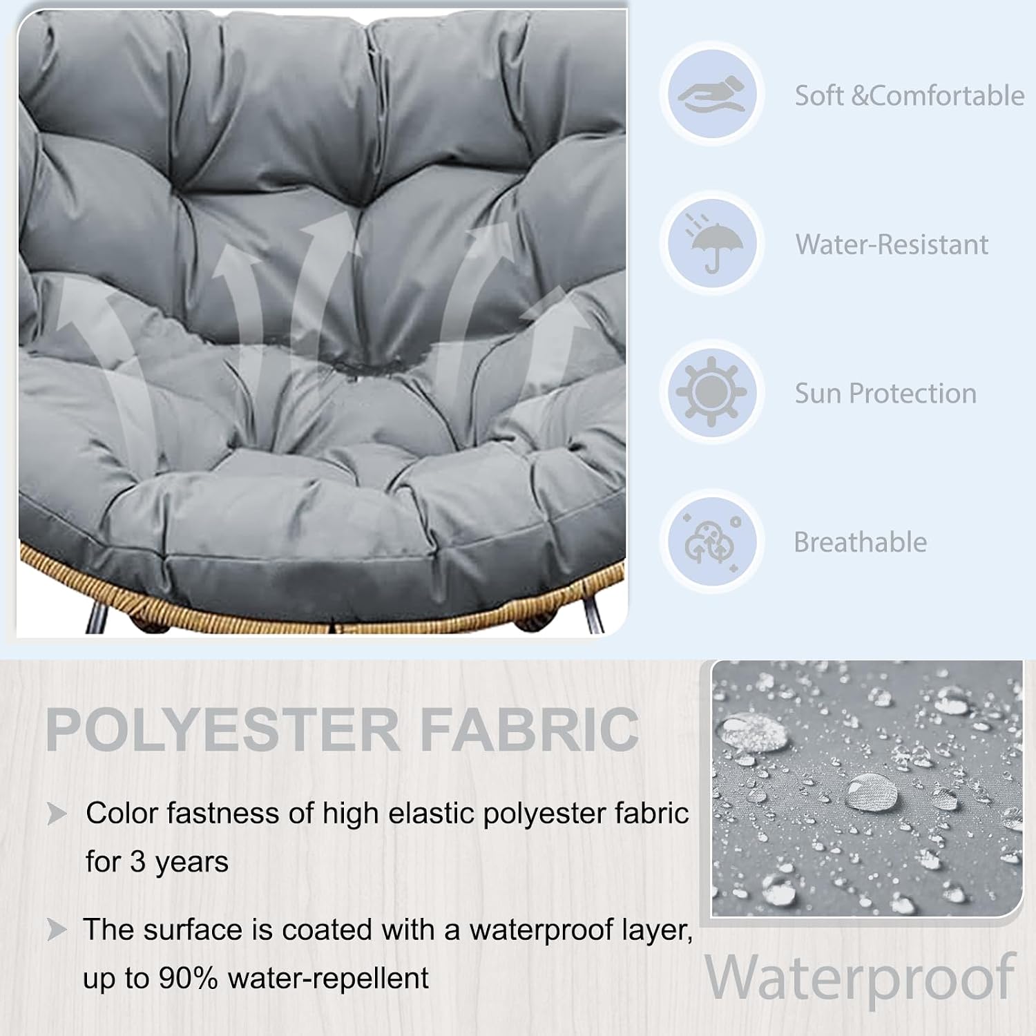 Outdoor Rocking Chair Cushion – Waterproof Wicker Egg Chair Replacement Pad, Thick Papasan Seat Cushion with Ties for Indoor & Outdoor Patio, Porch, Balcony, or Garden (Light Gray)