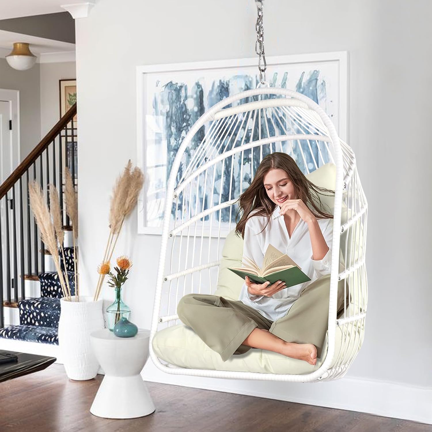 Chihee Egg Chair Foldable Wicker Rattan Hanging Swing Chairs Indoor Outdoor Patio Wicker Chair Hammock Chair with Stainless Steel Hanging Kit Chain Link UV Resistant Cushion Bedroom Balcony