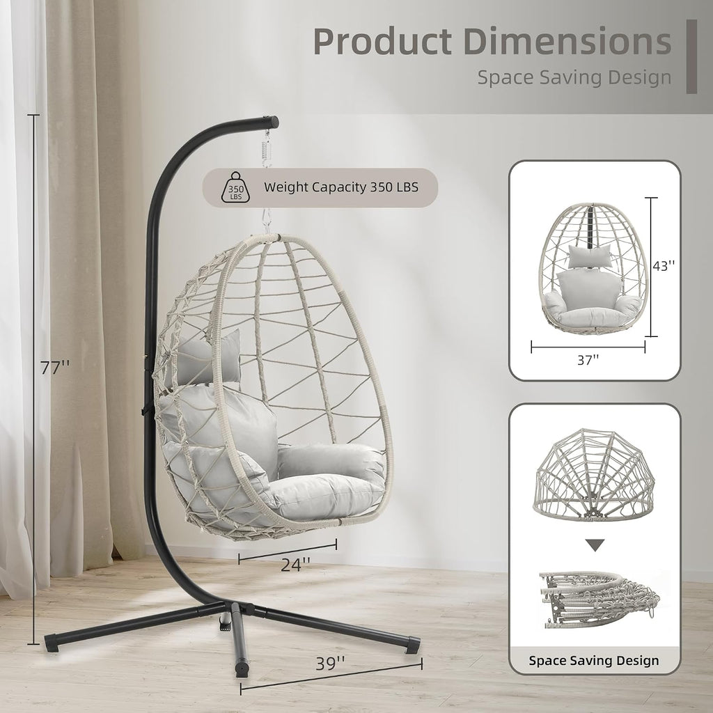 DoubleTT Egg Chair with Stand, Swing Chair Hanging Chair Nest Basket, UV Resistant Removable & Washable Cushions,350LBS Capacity for Bedroom, Balcony, Garden（BE-LG