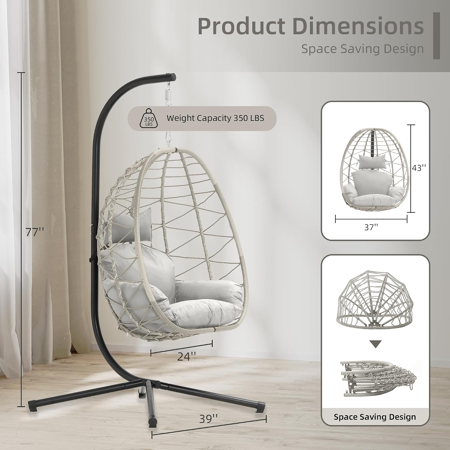DoubleTT Egg Chair with Stand, Swing Chair Hanging Chair Nest Basket, UV Resistant Removable & Washable Cushions,350LBS Capacity for Bedroom, Balcony, Garden（BE-LG