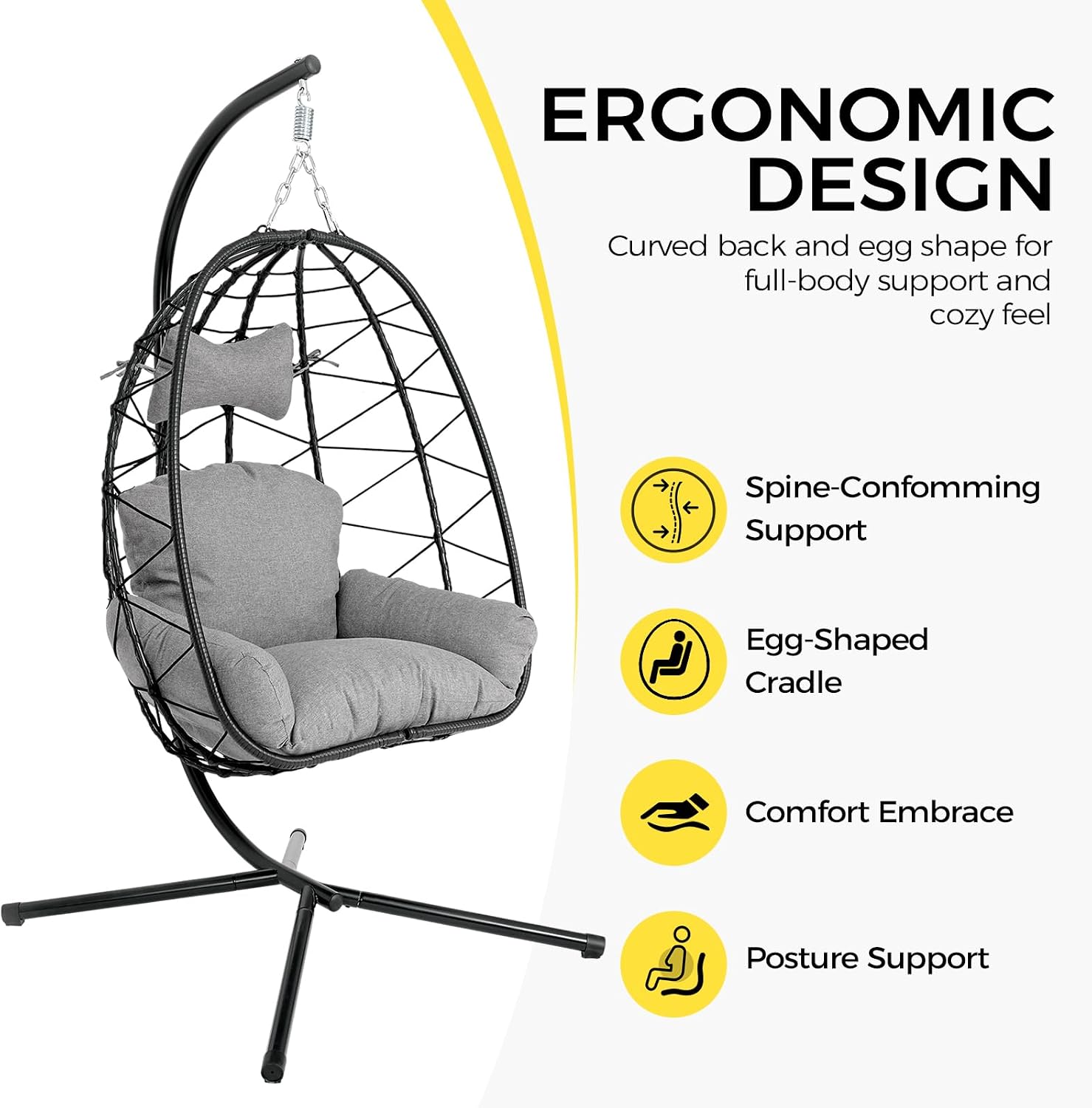 Egg Chair with Stand, Wicker Hanging Chair for Outdoor Patio, Cushioned Hammock Swing for Bedroom Garden Indoor/Outdoor, Double-Zipper Structure Hanging Egg Chair (Black and Dark Gray)